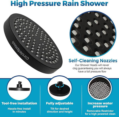 High Pressure Shower Head - Anti-Clogging Silicone Nozzles 2.5 GPM Removable Restrictor - Easy to Clean and Install - Includes Plumbers Tape - 6 inch - (Matte Black 2.5GPM)