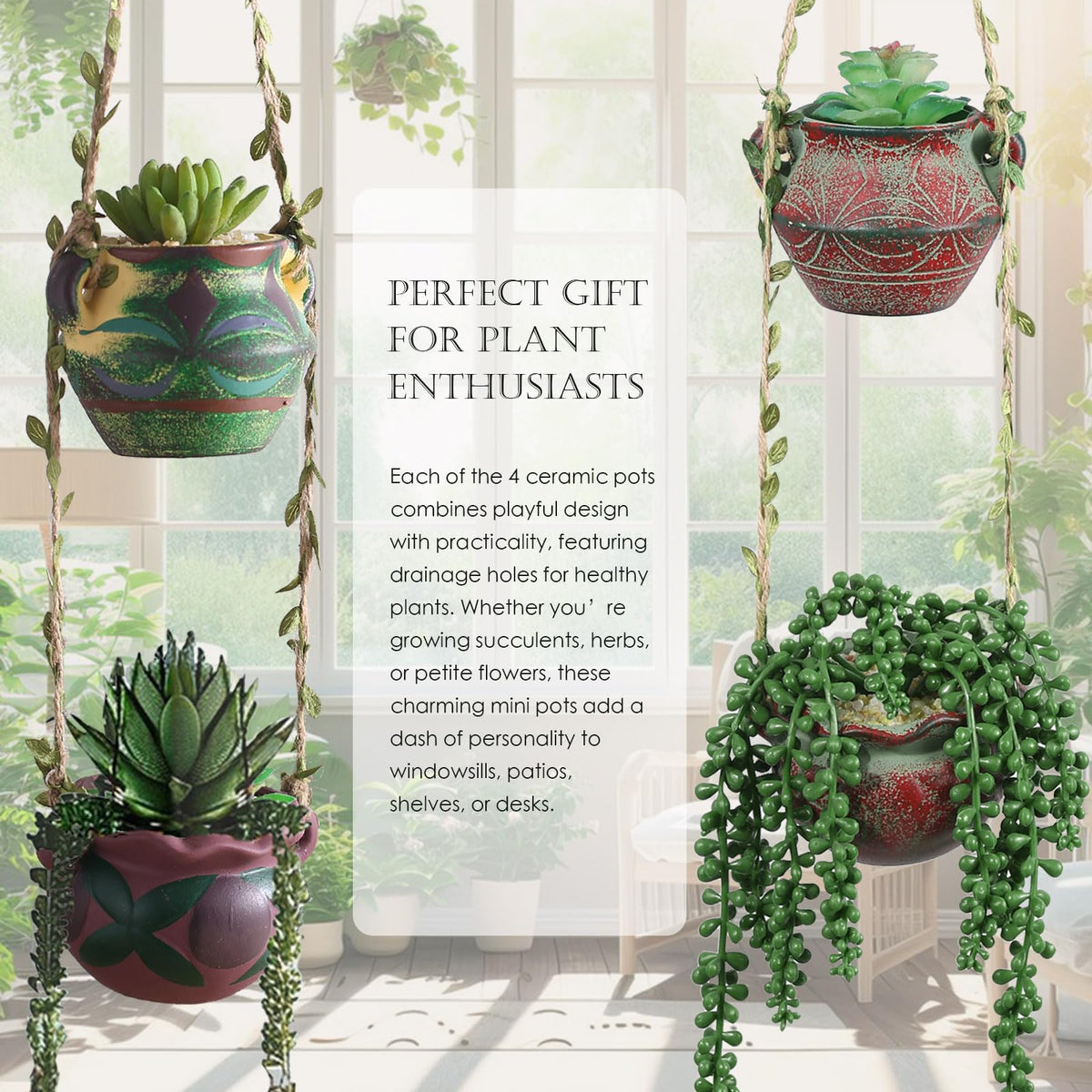 Yuccasly 4 Piece Boho Ceramic Hanging Planters with Drainage Holes – Adorable Indoor Outdoor Succulent Flower Pots, Unique Home Décor, Charming Small Planters for Plants