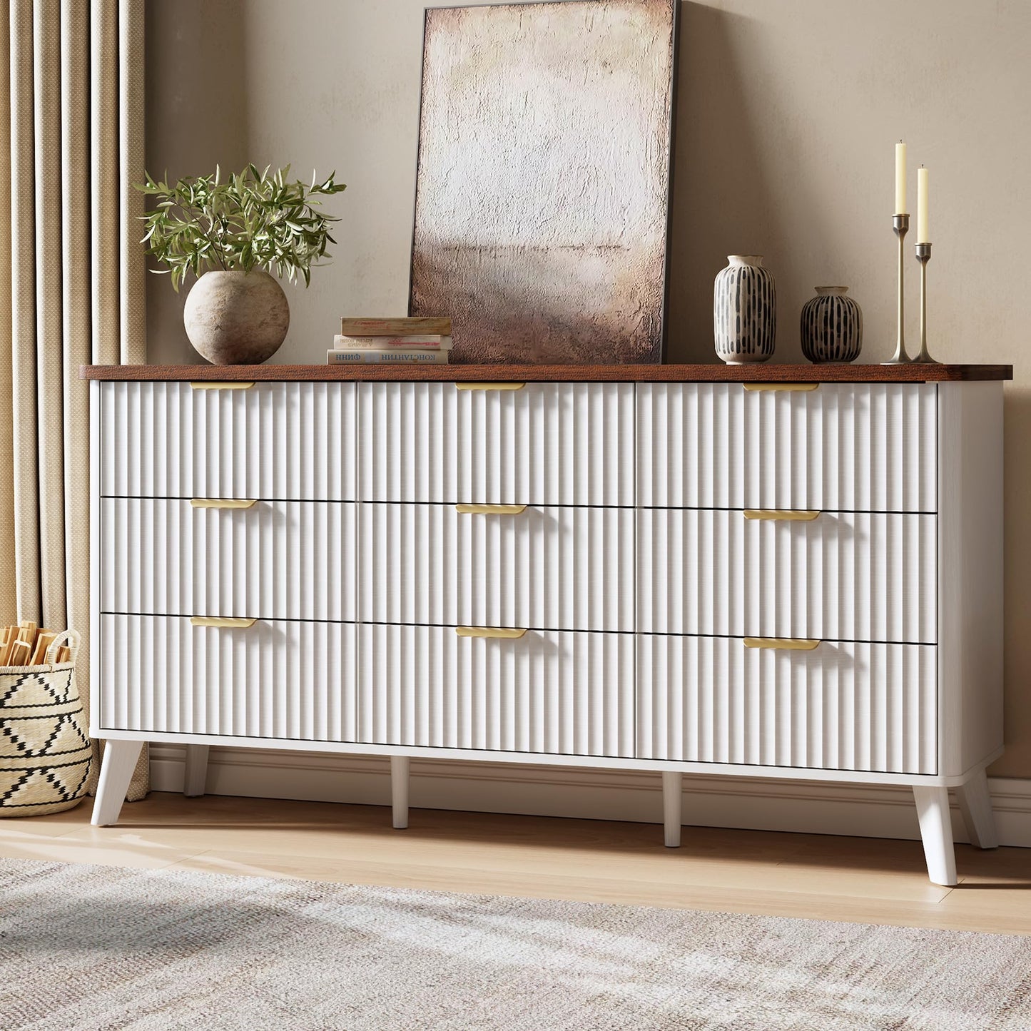 GarveeHome Fluted Dresser for Bedroom with 9 Deep Drawers, 60.6 in Wide Modern Chest of Drawers, Wooden Dresser TV Stand, Curved Profile Design, for Living Room, Kids Room, Hallway, White