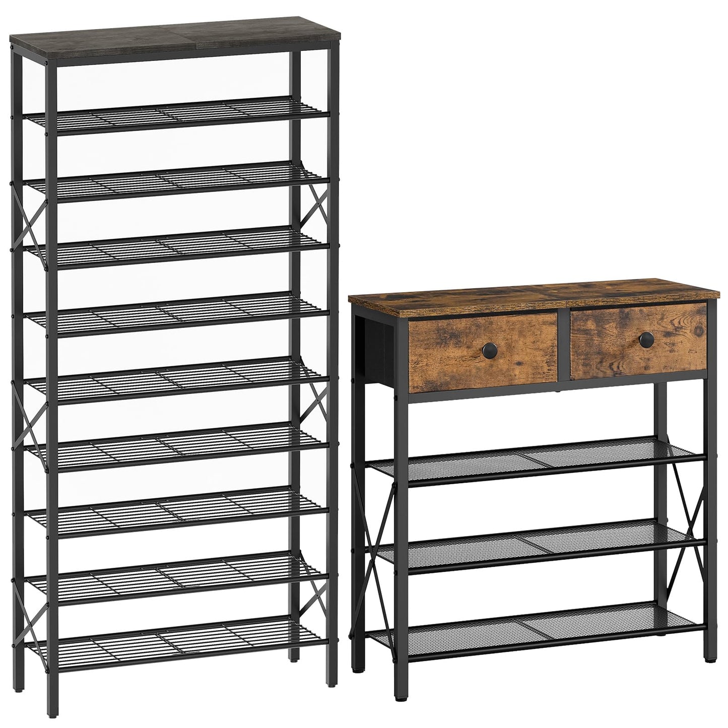 YATINEY 10 Tier Shoe Rack and 4 Tier Shoe Rack, Large Capacity Shoe Storage Organizer, Metal Shoe Shelf with Drawer and Wooden Top, for 16 Pairs of Shoes, for Entryway, Closet SS10BCG1-SS24BR