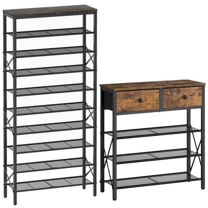 YATINEY 10 Tier Shoe Rack and 4 Tier Shoe Rack, Large Capacity Shoe Storage Organizer, Metal Shoe Shelf with Drawer and Wooden Top, for 16 Pairs of Shoes, for Entryway, Closet SS10BCG1-SS24BR