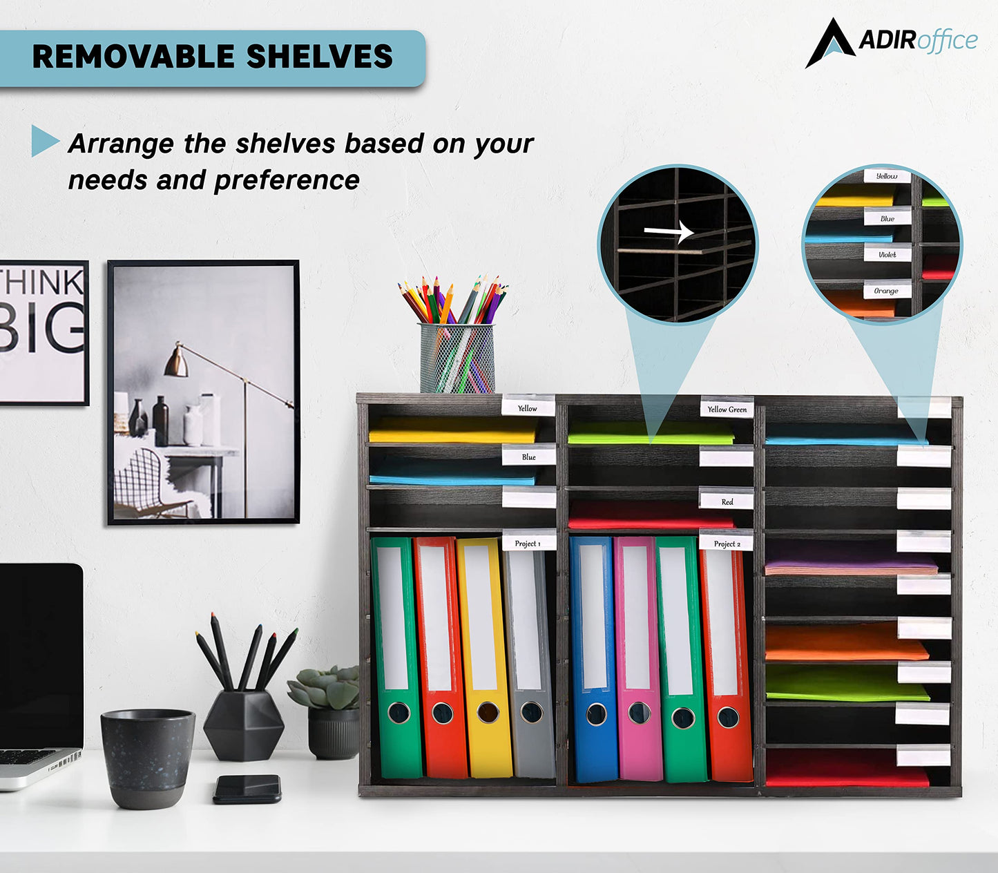 AdirOffice Classroom Mailbox - Wooden Literature Organizer , Construction Paper Storage Organizer , Mail Sorter with Slots , Office Mailboxes With Removable Shelf (27 Slot , Black)