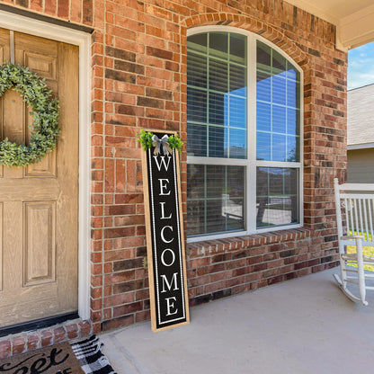 Aurapeak Welcome Sign for Front Porch Door Standing, Outdoor Large Wooden Home Rustic Farmhouse Yard Vertical Hanging Modern Entryway Plaques Outside Decorations (45"X9" Wood Black)