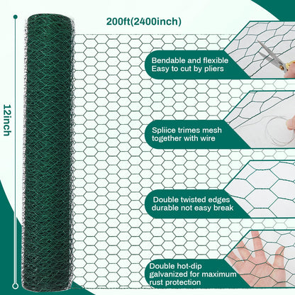 GlikCeil 12 in X 200 ft Chicken Wire Fencing Metal Floral Chicken Wire Mesh for Crafts Poultry Garden, 1 Inch Hexagonal Galvanized Hardware Netting for Poultry Coop Barrier Rabbit Cage (Green)