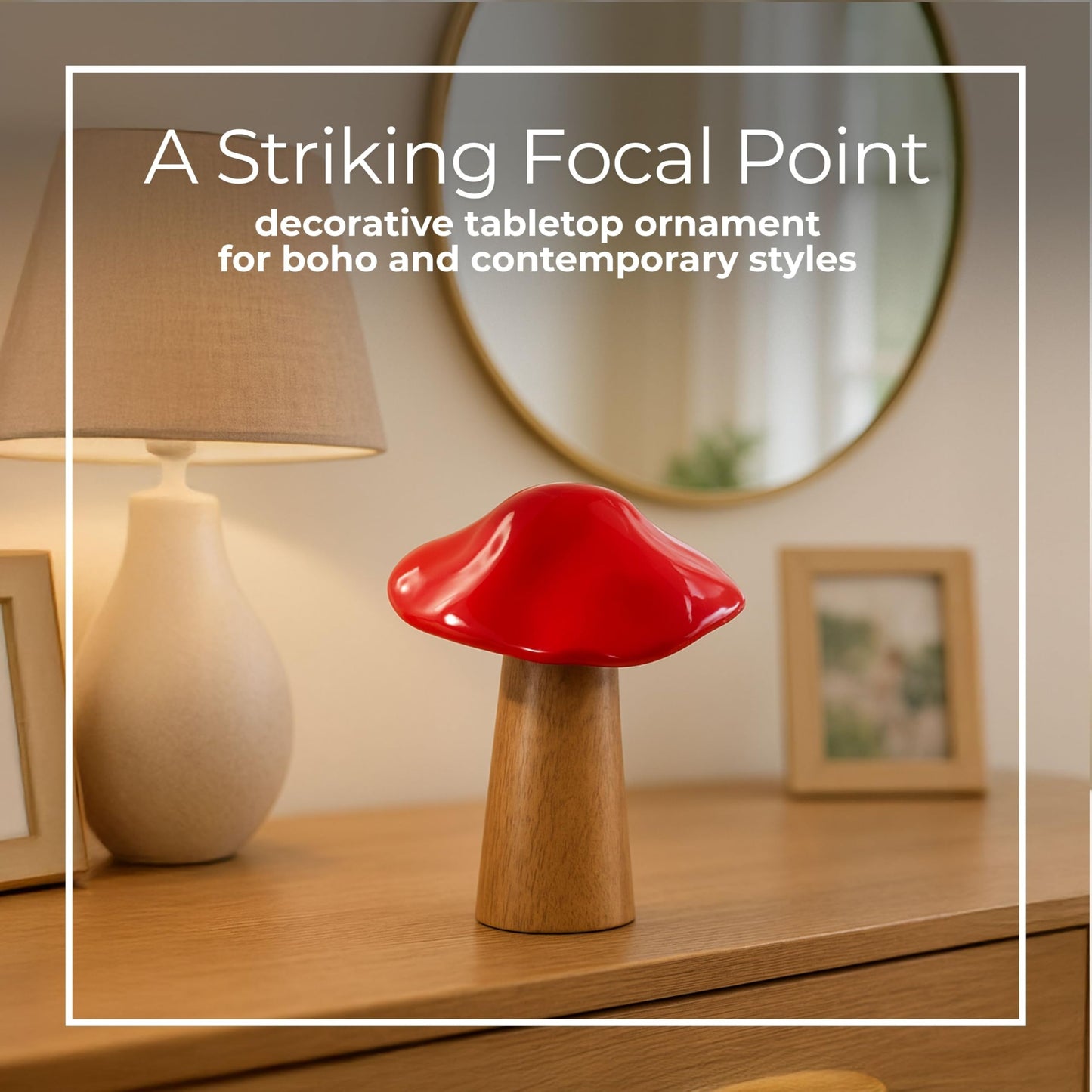 Wooden Mushroom Figurine Sculpture – Artful Accent for Room Decor and Boho Home Decor, for Shelf, Desk, or Tabletop Display, with Playful Nature-Inspired Design Detail – 6", Rustic Wood and Red