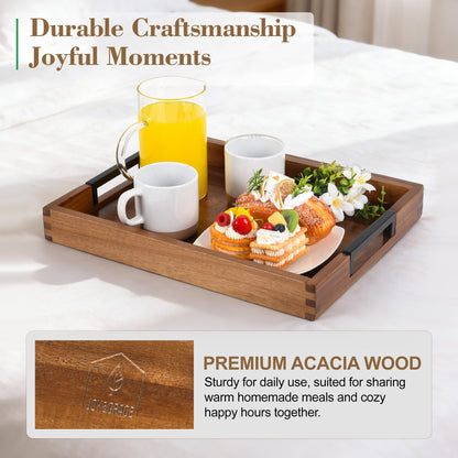 Large Ottoman Tray for Living Room and Coffee Table, Decorative Acacia Wood Serving Tray with Metal Handles for Breakfast in Bed, Dinner Food Kitchen TV (Natural, 20" x 14" x 2")
