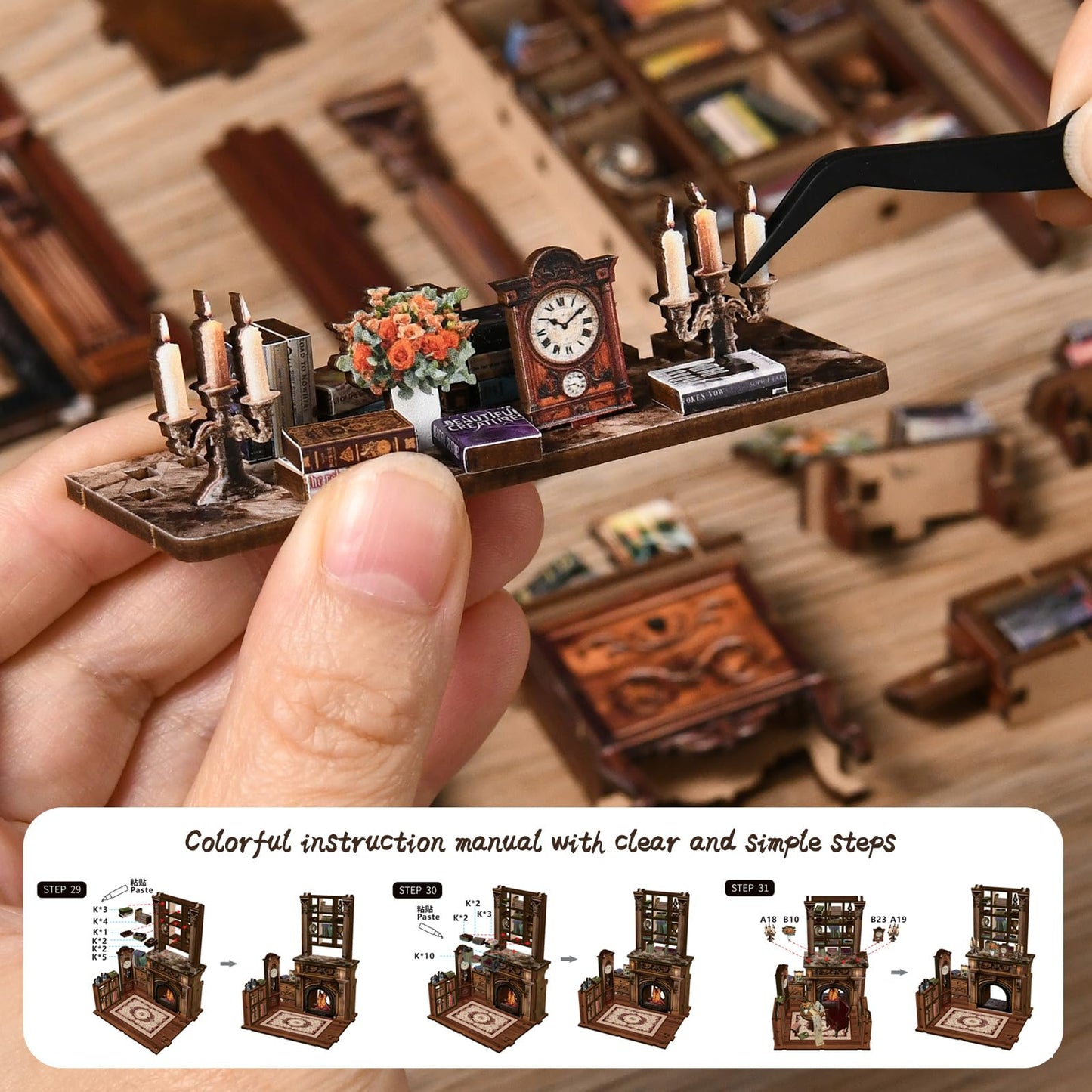 KLEVVO DIY Book Nook Kit, Wooden Miniature Booknook Kit with LED Light, 3D Wooden Bookend Model Building Kit, Handmade Book Nook Gift for Adults Teens Beginners【Micro Light Book Pavilion】