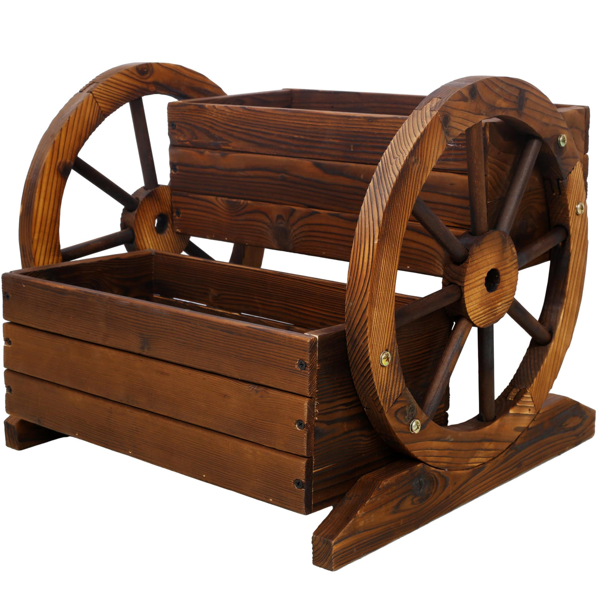 Lunanniu Wooden Wagon Wheel Planter Rustic 2 Tier Flower Box Outdoor Garden Cart Decorative Fir Wood Plant Holder Patio Yard Display Stand Rectangular Tiered Flowerbed Balcony Plant Stand