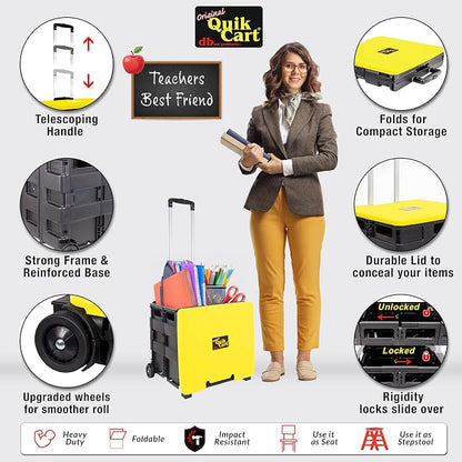 dbest products Quik Cart Collapsible Rolling Crate on Wheels for Teachers Tote Basket 80 lbs Capacity, Made from Heavy Duty Plastic and Used as a Seat, Canary, Yellow