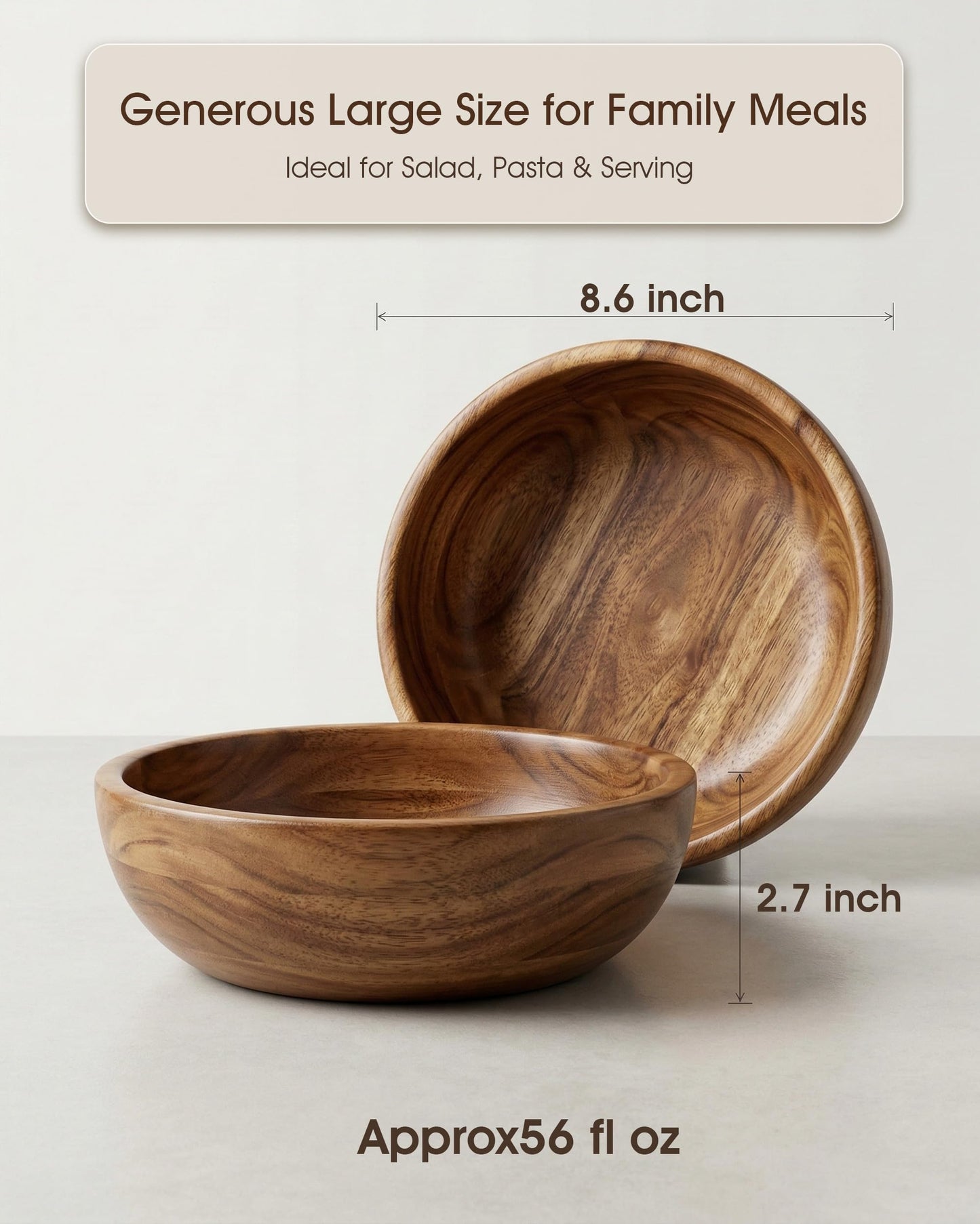 GleeNflux Wood Bowl Set of 2, 8.6" Acacia Wooden Salad Bowls, Natural Solid Wood Serving Bowls for Salad, Pasta, Fruit, Snacks, Kitchen & Dining, Housewarming Gift