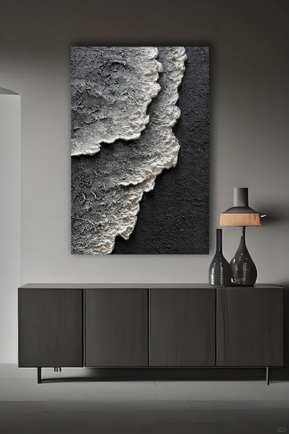 moshinart 24 x 36in Hand-Painted Oil Painting 3D Texture Black White Grey Modern Minimalist Black Abstract Wall Art, Home Office Wall Decoration Sea Wave 7