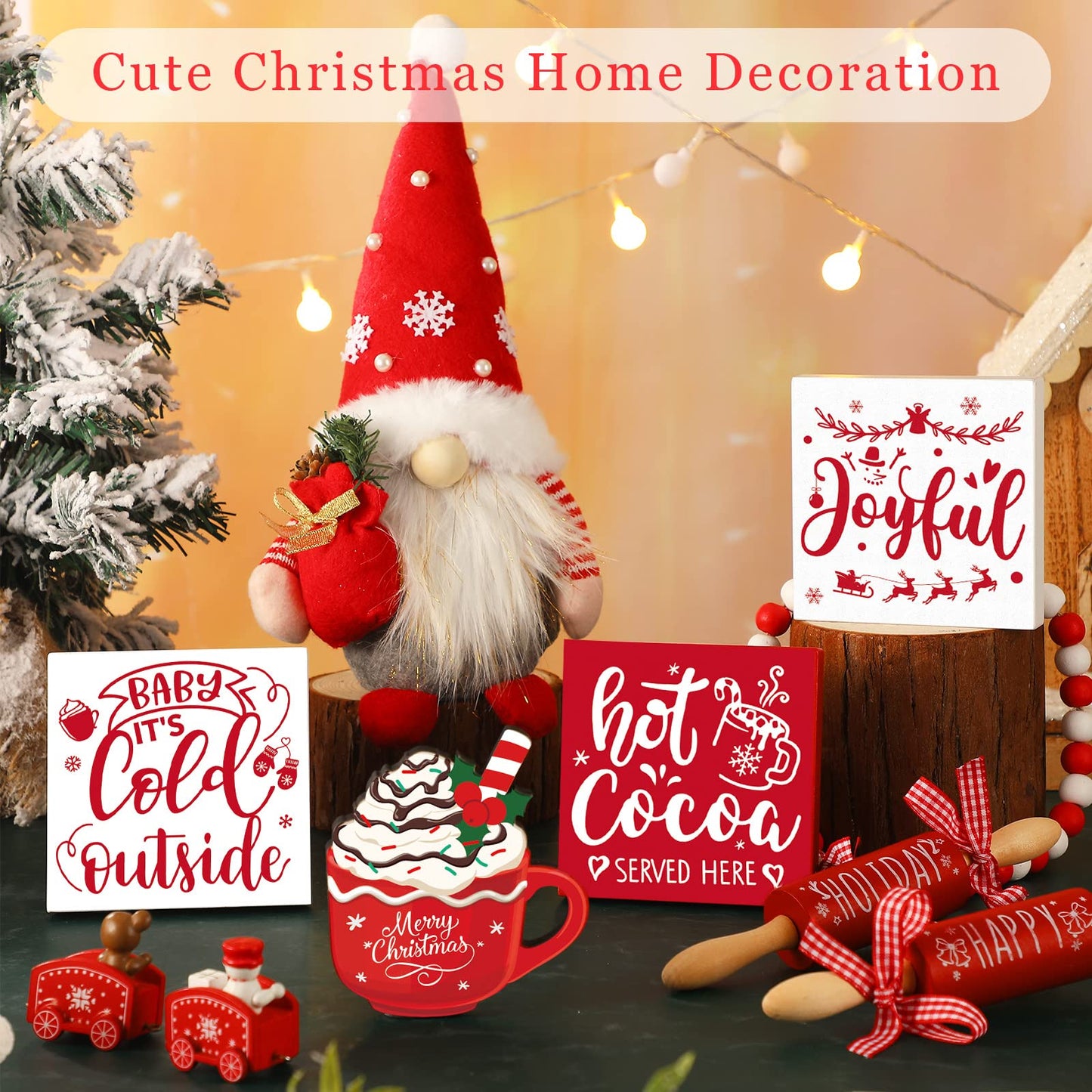 8 Pcs Christmas Tiered Tray Decor Includes 1 Pc Christmas Gnomes Plush Balls 4 Pcs Small Wooden Signs 2 Pcs Decorative Mini Rolling Pins 1pc Wood Holiday Bead Garland for Table Home Kitchen Decor