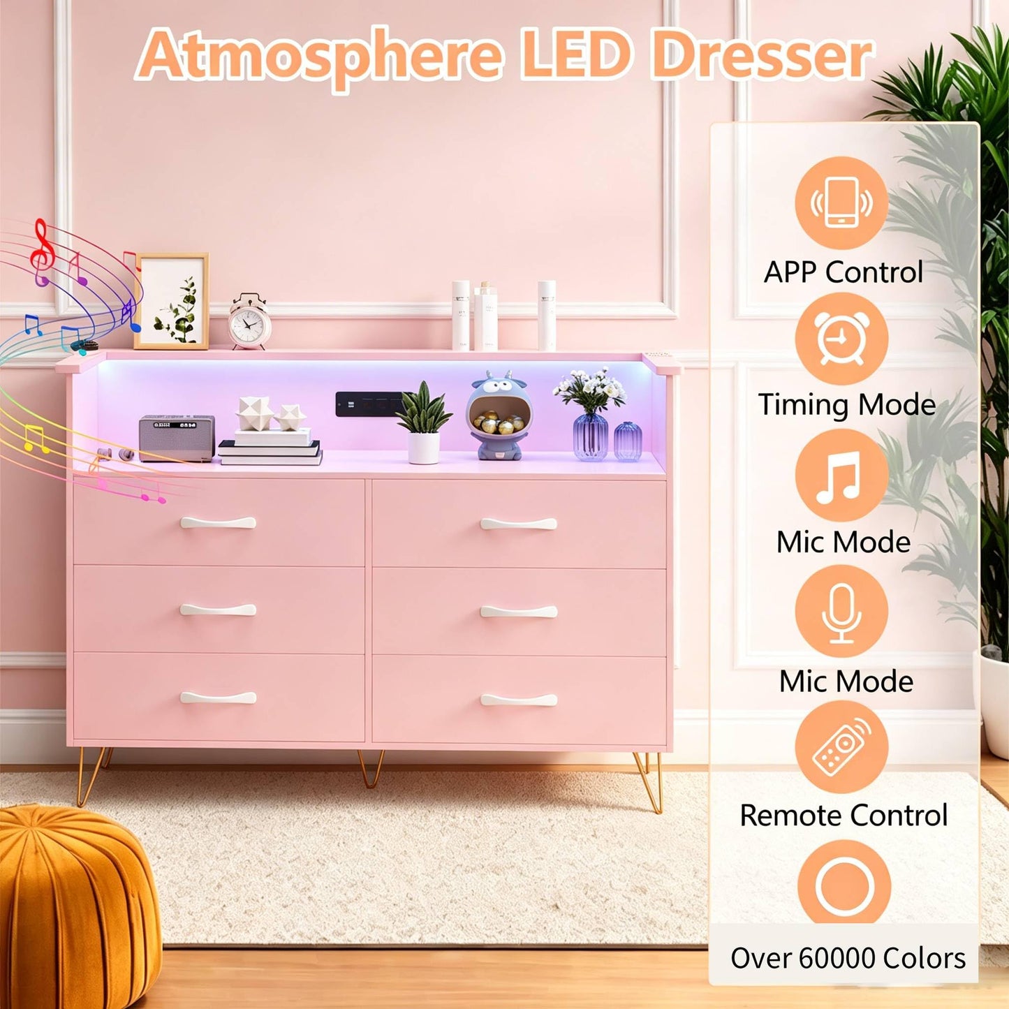 GarveeHome Modern 6-Drawer Dresser with Power Outlet & LED Light | Wooden Chest with 2-Tier Open Shelves & Wide Drawers for Bedroom, Living Room, Entryway, or As a TV Stand