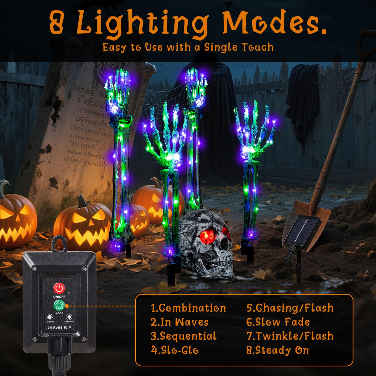 Halloween Lighted Skeleton Decor Outdoor, Solar Powered Realistic Scary Graveyard Bone Hands & Arms with 134 LEDs, 8 Lighting Modes, IP65 Waterproof for Lawn Garden Yard Party, Purple & Green
