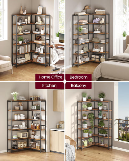 VASAGLE 6 Tier Bookshelf with Metal Frame, Convertible Industrial Corner Shelf, 9.4 x 52.8 x 69 Inches, for Living Room, Bedroom, Home Office, Rustic Brown and Ink Black ULLS806K01