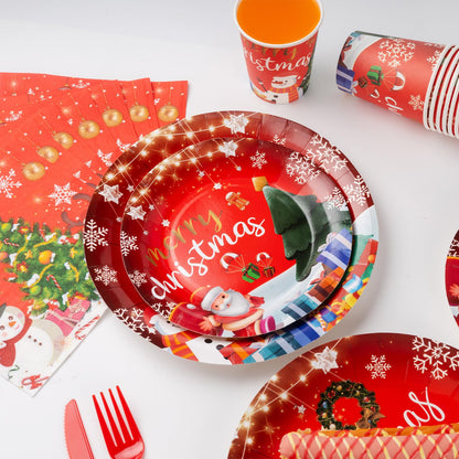 Christmas Party Decorations Xmas Party Supplies Serves for 25-Balloon, Banner, tablecloth, Backdrop, Disposable Paper Plate, Cup, Napkins, Knife, Fork, Spoon