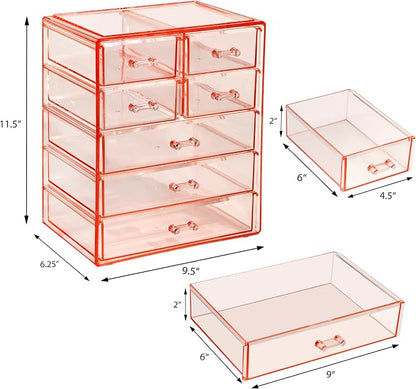 Sorbus Acrylic Makeup Organizer Set, 7-Drawer Vanity & Countertop Cosmetic Storage with Small & Wide Drawers, Pink Makeup Storage for Brushes, Lipsticks, Jewelry – Holiday Gift for Women & Teens