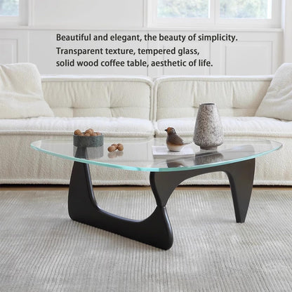 EASYSOUL Modern Glass Coffee Table, 32.68" D x 22.44" W x 15.75" H, Abstract Round Tea Tables for Living Room Home Office Industrial Cocktail Tables (Black-Clear Glass, 32.68")