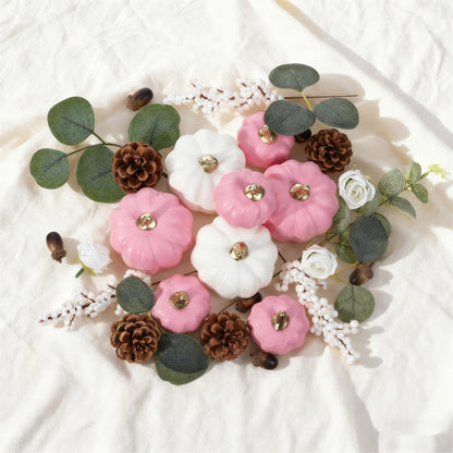 Artificial Pumpkin Eucalyptus Leaves Fall Decor, 56 PCS Fall Harvest Decorations for Halloween Thanksgiving with Pumpkins Acorns Pinecones Berries Leaves for Farmhouse Table Tiered Tray(White,Pink)
