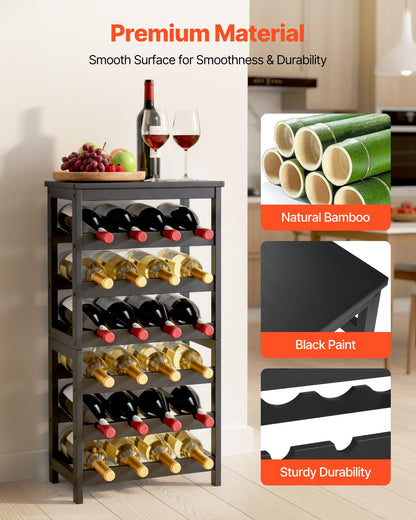 VEVOR 24 Bottle Detachable Wine Rack, 6-Tier Wine Bottle Holder,Solid Bamboo Wood Freestanding Floor Display Wine Storage Shelves with Table Top, for Kitchen,Cellar,Bar,Dining Room,Living Room(Black)