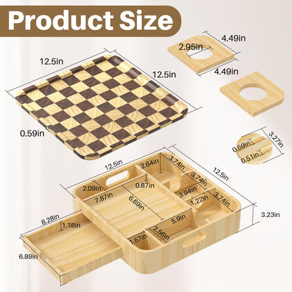 Couch Cup Holder, Checkered Couch Tray Cup Holder Sofa Tray, Large Capacity 2-Tier Wooden Trays with Drawer for Sofa, Bed, Picnic, Drinks, Remote, Cell Phone,TV Trays (Solid Pine Wood)12.5*12.5 in