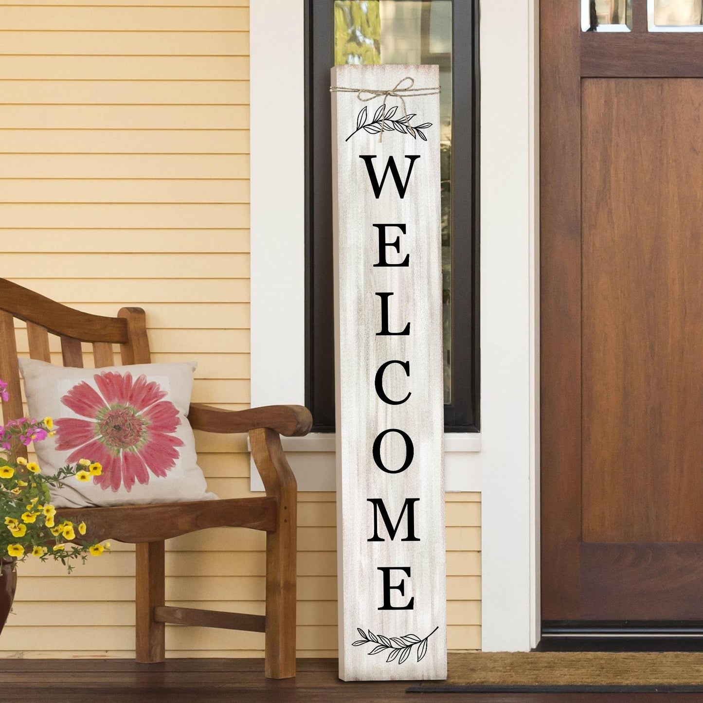 Welcome Sign for Front Porch Standing - Wooden Vertical Hanging Farmhouse Decor With Leaves for Front Door and Home Decorations 47.2"H