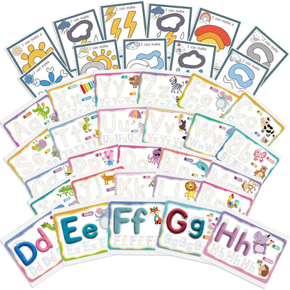 Ireer 36 Pcs Alphabet & Weather PlayClay Mats for Kids Activity Card for Clay Preschool Number Alphabet Animal Shape Learning Activity Games for Classroom Home Educational Supplies