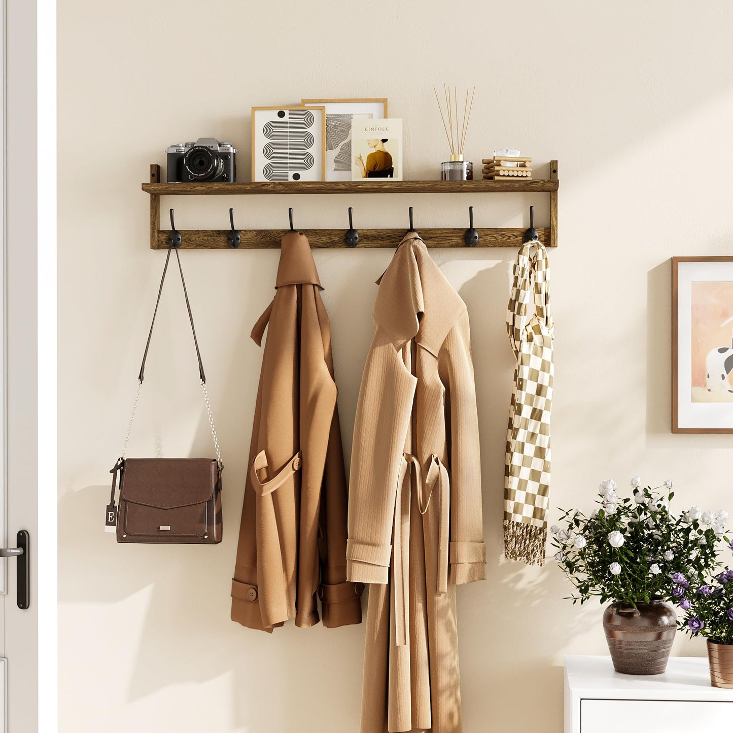 BAMEOS 35" L Wooden Coat Rack Wall Mount, Large Wall Coat Hooks with Shelf, Wall Hanging Shelf with 7 Dual Metal Hooks for Entryway, Bathroom, Kitchen, Living Room, Bedroom