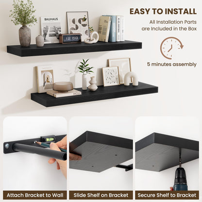 Fun Memories Floating Shelves for Wall, 32 Inch Long Floating Shelves Set of 2, 32 x 10 Wooden Shelves for Wall, Large Storage Shelves, Hanging Shelves for Bathroom Kitchen Bedroom, Black