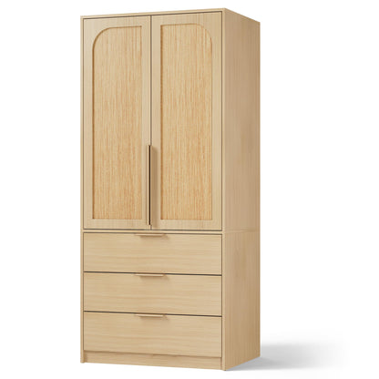GarveeHome Armoire Wardrobe Closet, 69.5 in Wooden Wardrobe Cabinet with 3 Drawers, Hanging Rod, 2 Doors Clothing Storage Cabinet for Bedroom, Large Capacity Storage, Rattan Door, Natural