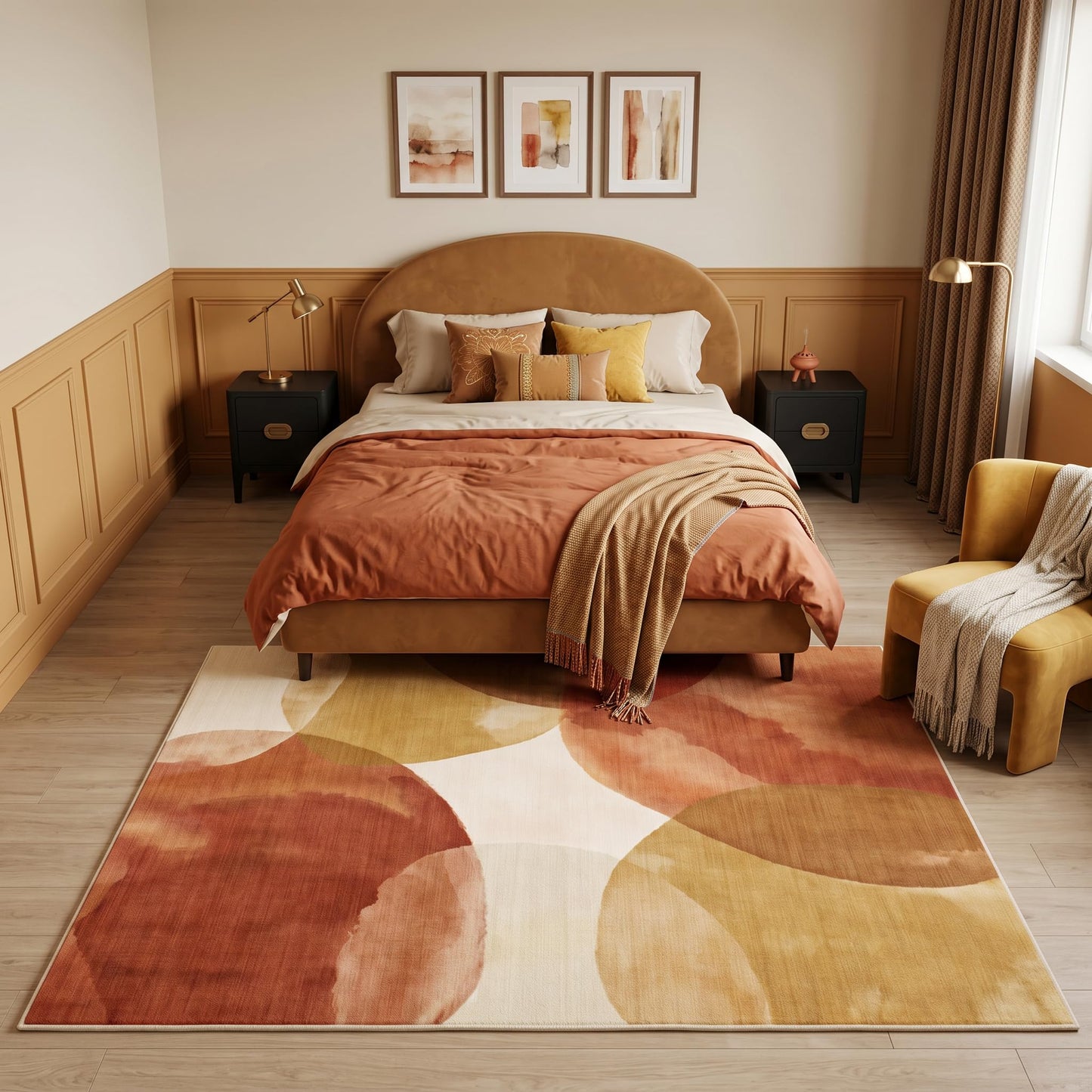 GraceSway 5x7 Area Rug, Modern Abstract Watercolor Rug in Rust Orange and Mustard Yellow, Faux Cashmere Ultra Soft Short Pile, Machine Washable, Non-Slip, for Living Room, Bedroom