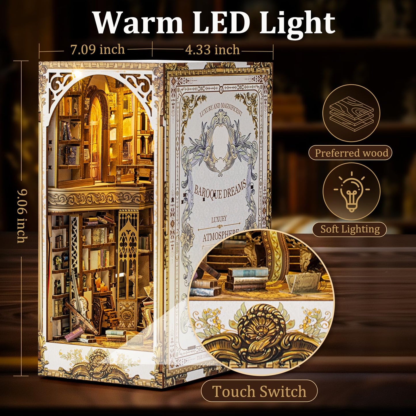 DIY Book Nook Kit - Bookend Diorama with LED - 3D Wooden Puzzle DIY Miniature House Kits - Bookshelf Insert Decor - Booknook Dollhouse Crafts Hobbies Gifts for Adults (Classical Library)