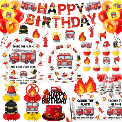 219pcs Firetruck Birthday Decorations Tableware Include Fire Truck Plates and Napkins Set, Cups, Banner, Hanging, Tablecloth, Cake Topper, Cupcake Topper for Firefighter Party Decorations Serve 24