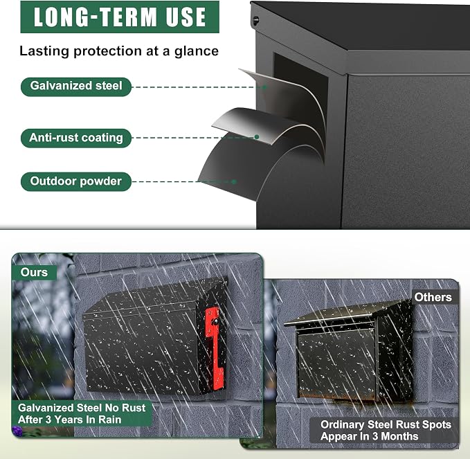 Wall Mount Mailbox for Outside with Flag, Large Capacity Mailbox Wall Mounted, Galvanized Steel Rustproof Metal Mailbox, Modern Mail Box for House Outside, Black, 15.9''x9.6''x5.2''