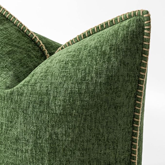 MIULEE Pack of 2 Lumbar Throw Pillow Covers 12x20 Inch Moss Green Farmhouse Decorative Pillow Covers Stitched Edge Soft Chenille Solid Dyed Pillow Covers for Couch Sofa Bed Living Room, Forest Green
