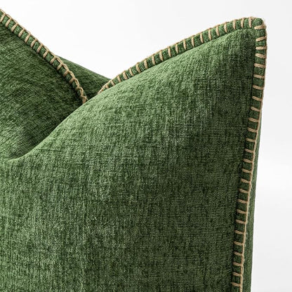 MIULEE Pack of 2 Couch Pillow Covers 20x20 Inch Moss Green Farmhouse Decorative Throw Pillow Covers with Stitched Edge Soft Chenille Solid Dyed Pillow Covers for Sofa Bed Living Room, Forest Green