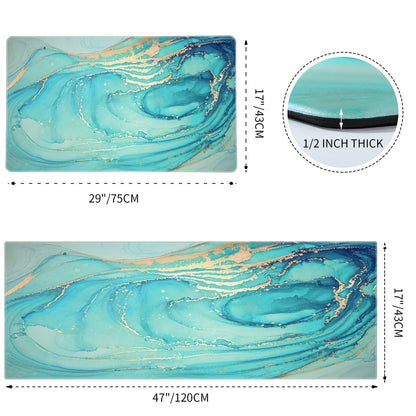 MAYHMYO Kitchen Rugs and Mats Set of 2 Teal Marble Gold Anti Fatigue Mat PVC Non Slip Turquoise Foam Cushioned Kitchen Mats for Floor Dining Room Home Office Sink Laundry