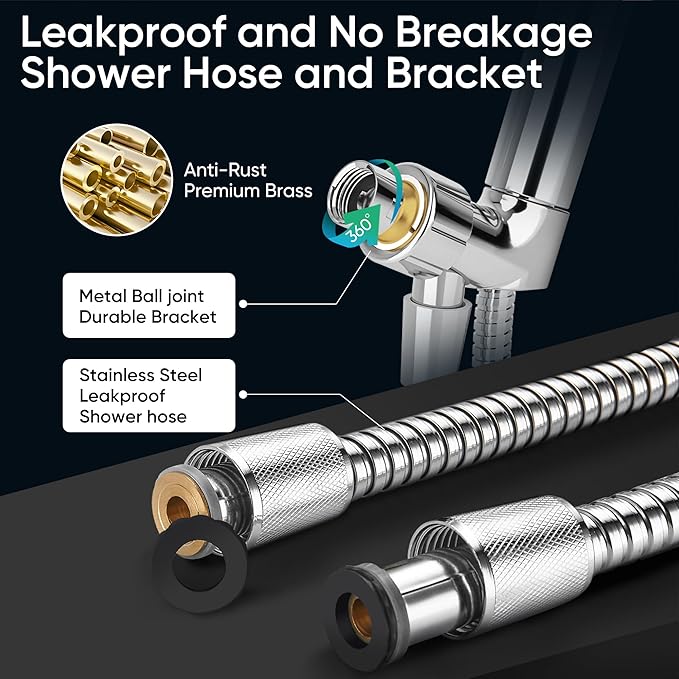 Cobbe 8-Setting Handheld Shower Head Bathroom Showerhead Set - Detachable Shower Heads with 5ft Stainless Steel Hose and Brass Swivel Bracket (Chrome)