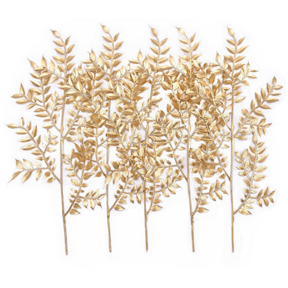 PASYOU Fake Leaves Plants for Christmas Decor, Gold Artificial Shrubs Grass Foliage Plastic Bulk Leaf Indoor Outdoor Home Garden Party Hotel Verandah Wedding Event Faux DIY Decoration - Golden 5 Pack