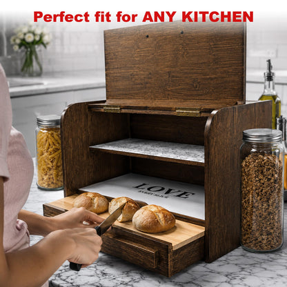 KNIFEPLANET Premium FULLY ASSEMBLED Rustic Bread Box – Extra Large Real Wood Bread Box for Kitchen Countertop Storage, Thick Durable Construction, Double Layer Design (17.5" x 10" x 12")