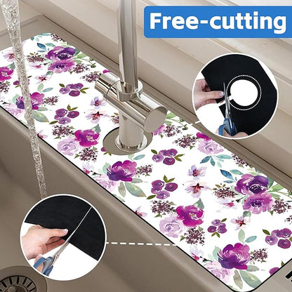 Watercolor Purple Flowers Faucet Absorbing Mat Splash Guard Draining Mat Fast