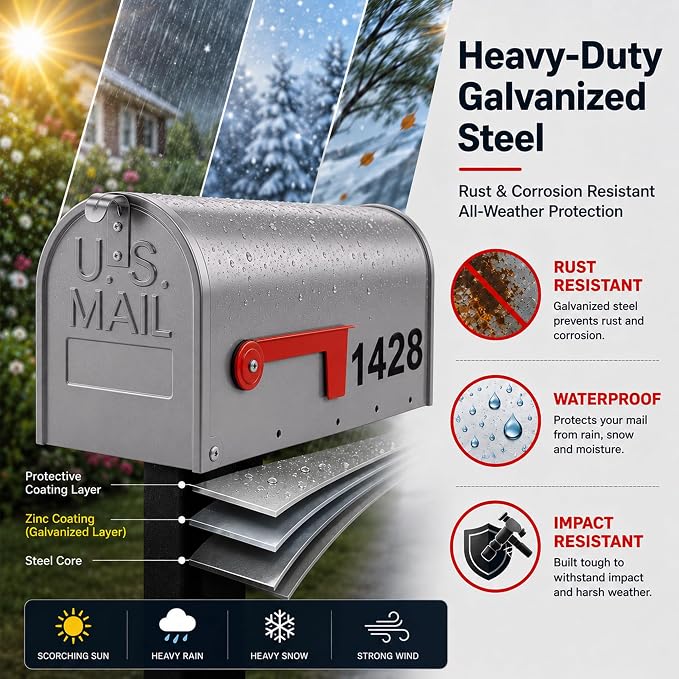 Mailbox for Outside,Metal Post Mount Outdoor MailBoxes - with Tools,Screws,Number Stickers,Red Flag Indicated,Medium Capacity,Galvanized Steel,Waterproof Mail Box for House Outside,20 x 8.7 x 6.7 ”