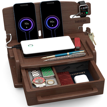 MED Wood Phone Docking Station for Men with Drawer — Nightstand & Desk Organizer for Husband & Dad — Key Holder, Wallet Stand, Watch Holder (Dark Walnut)