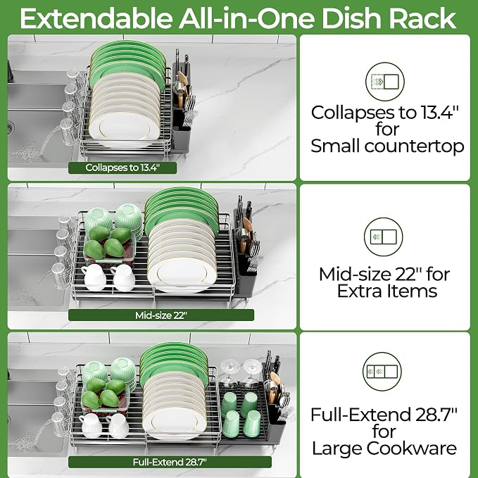 Large Dish Drying Rack, Expandable Dish Rack, Stainless Steel Anti-Rust Dish Racks for Kitchen Counter, Multifunctional Dish Drainer with Utensil Holder & Cup Holder, 13.4"-28.7" L x 11.8" W