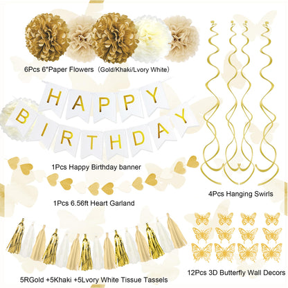 White and Gold Birthday Party Decorations Kit for Women Girls, Gold White Sand Confetti Foil Balloons Happy Birthday Banner Fringe Curtains Butterfly Garland Baptism Communion Supplies