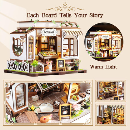 DIY Miniature House Kit- Miniature House Kit Adults Pet Shop Tiny House Kit Tiny Home Kit Birthday Gifts 3D Wooden Puzzle Home Decoration, Book Nook Kit for Adults Dollhouse Booknook