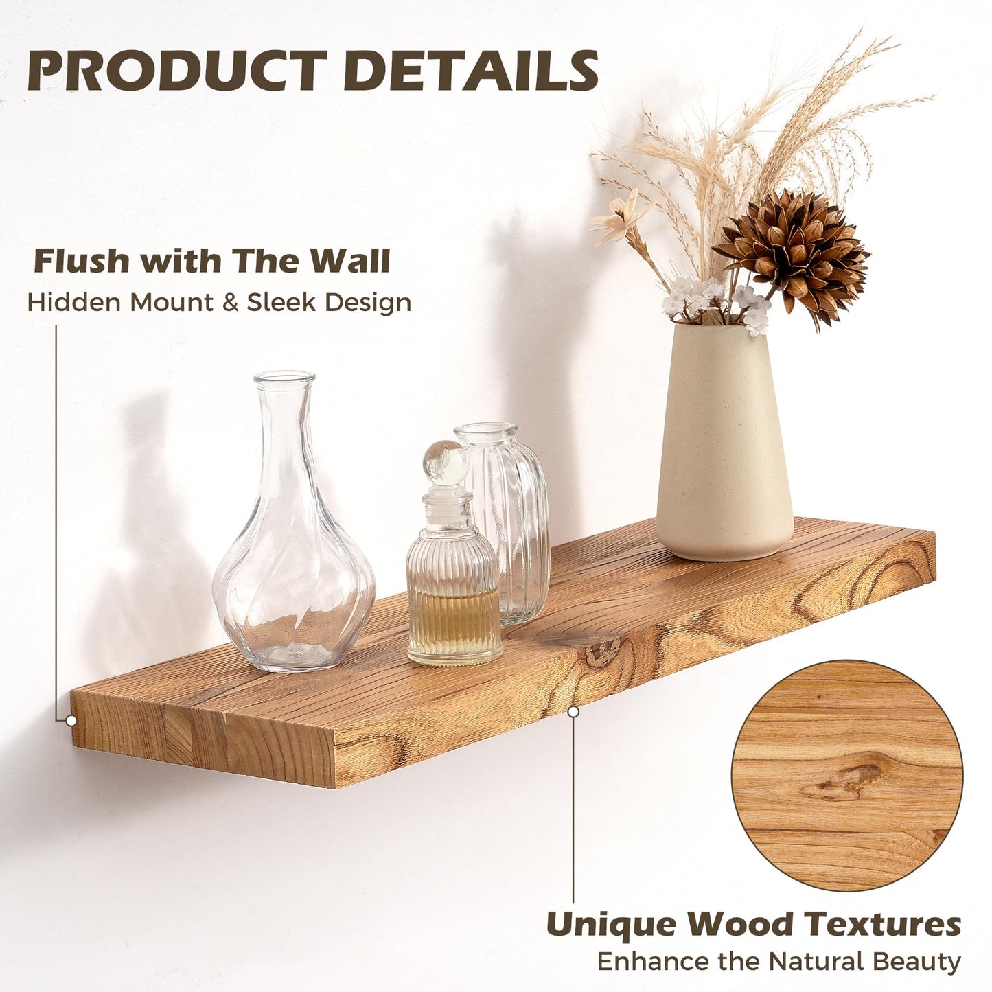 RICHFOCUS 30inch Natural Floating Shelves for Wall, 8" Deep High End Solid Real Wood Wall Shelves for Bathroom, Rustic Wooden Floating Shelves with Invisible Brackets for Books Storage Decor, Set of 2
