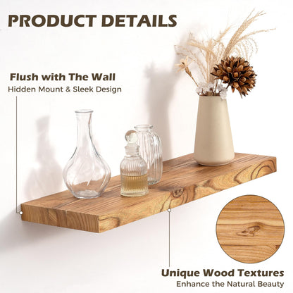 RICHFOCUS 20inch Natural Floating Shelves for Wall, 8" Deep High End Solid Real Wood Wall Shelves for Bathroom, Rustic Wooden Floating Shelves with Invisible Brackets for Books Storage Decor, Set of 2