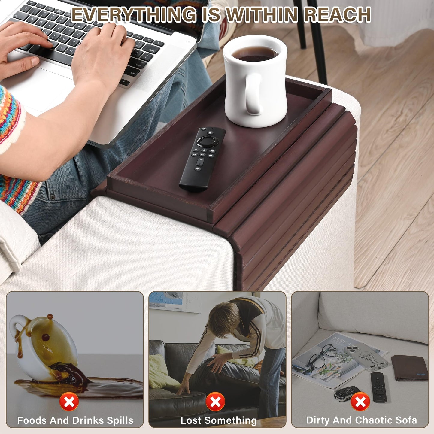 YUBAMIN Bamboo Sofa Arm Tray, Anti-Dropping Couch Arm Tray, Foldable Sofa Armrest Tray Couch Arm Table for Eats, Drinks, Snacks, Remote, Cellphone, Cup Holder, Back Anti-Slip Pad Design