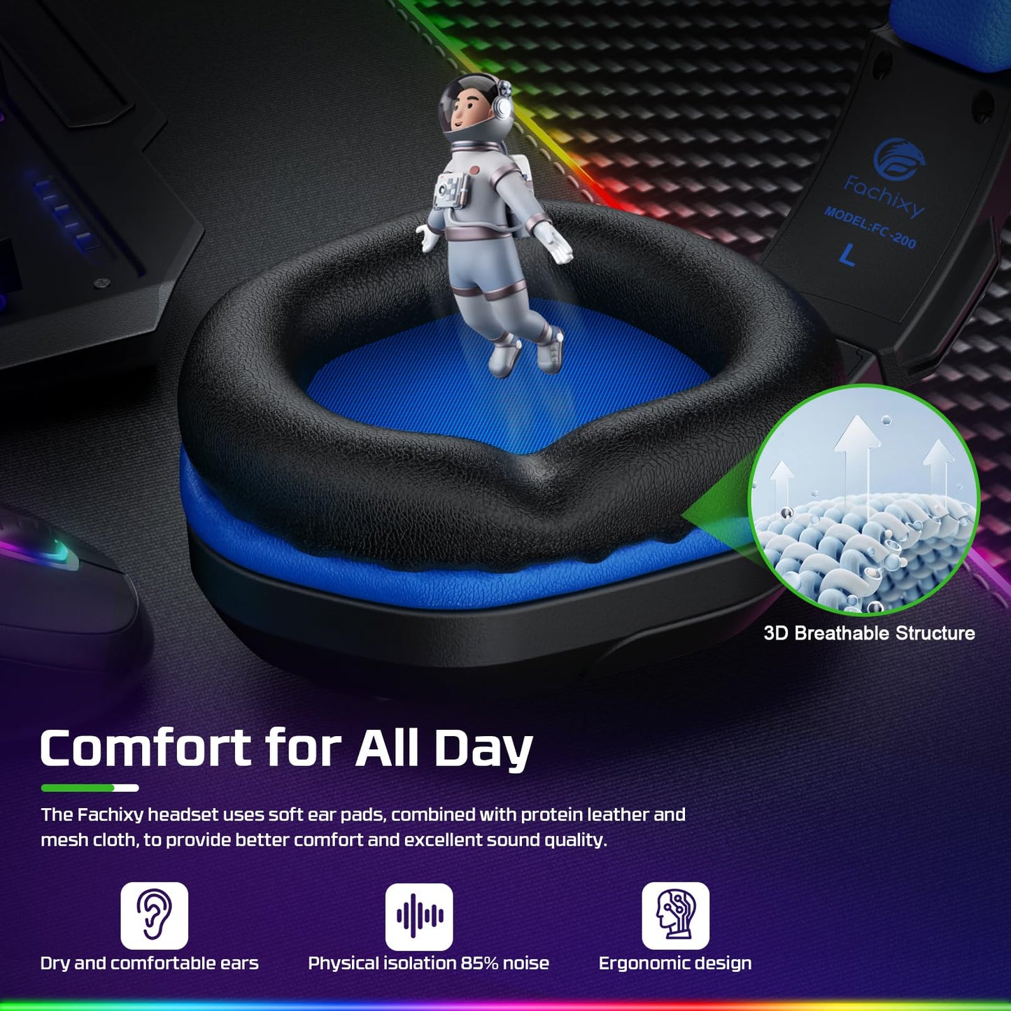 Fachixy FC200 Gaming Headset for PS4, PS5, PC, Xbox, Switch, Headset with RGB Light, Noise Cancelling Headphones with 3.5mm Jack